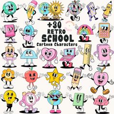 cartoon characters with the words retro school written in different font and colors, all holding up their hands