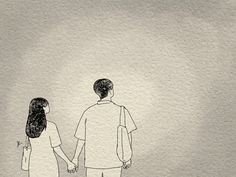 a drawing of a man and woman holding hands while standing in front of a wall