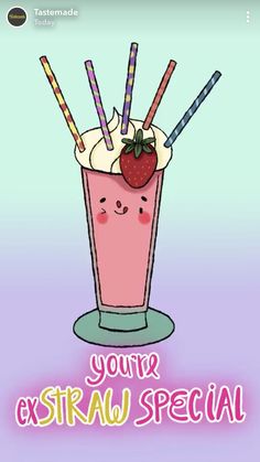 an animated image of a drink with strawberries and ice cream on it's top