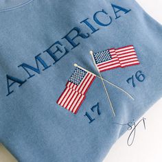 July 4th delivery cutoff: Must order on June 21st or sooner! I cannot accommodate last minute or rushed orders this year. Thank you for your support! Your new favorite Summer Crewneck! The embroidered American flags are a staple piece in your wardrobe. You'll have the best sweatshirt at the 4th of July bonfire! This embroidery is vintage-inspired with warm and worn tones to complement the vintage wash of the crewneck. Choose your sweatshirt color and size from the dropdown menus. It is unisex si American Aesthetic Outfit, Vintage Fourth Of July, American Flag Sweatshirt, American Flag Tshirt, My Hood, French Flag, Patriotic Outfit, America Flag, Embroidered Crewneck