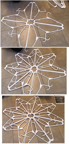 three different views of a snowflake made out of white paper and metal wire