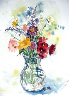 a watercolor painting of flowers in a vase