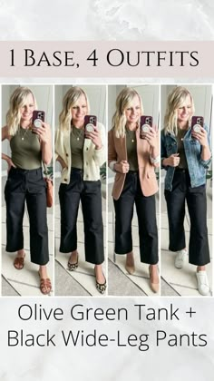 Casual Work Outfits Black Pants, Spring Outfits With Black Pants, How To Wear Black Wide Leg Pants, Black Linen Pants Work Outfit, Black Wide Leg Pants Outfit Spring, Chilly Spring Outfits Work, Olive Green Button Up Shirt Outfit, Olive Capsule Wardrobe, Olive Green Pants Outfit Women Casual