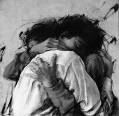 a black and white drawing of two people hugging each other