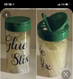 two pictures of a glass jar with some straws in it and the words glue stix