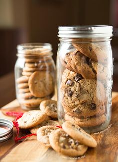 cookies and chocolate chip cookies in a glass jar