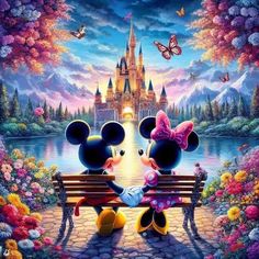 mickey and minnie mouse sitting on a bench in front of a castle