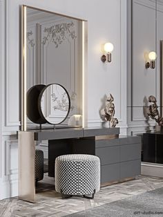 an elegant dressing room with mirrors, stools and lights on the wall behind it