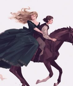 a woman riding on the back of a horse next to a man in a dress