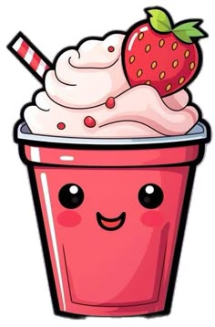 a pink cup with whipped cream and a strawberry on top, sitting in front of a white background