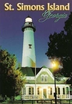 the front cover of st simon's island, michigan at night with a lighthouse in the background