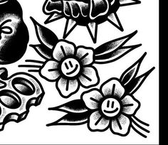 a black and white drawing of skulls with flowers