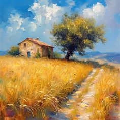 an oil painting of a house in the middle of a field with a path leading to it