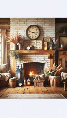 a living room filled with furniture and a clock on top of a mantle above a fire place