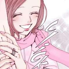 a drawing of a woman with pink hair holding her hand up to her face and smiling