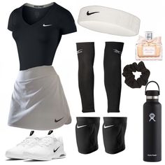 a women's athletic outfit and accessories are shown