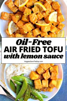 oil free air fried tofu with lemon sauce in a white bowl on top of rice