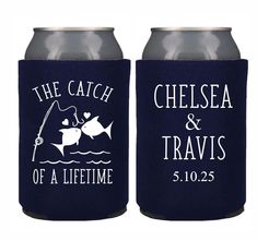 two can coolers with fishing related labels on them