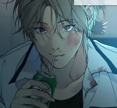 an anime character holding a drink in his hand and looking at the camera with blue eyes