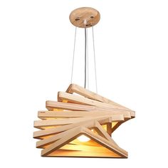 a wooden light hanging from a ceiling fixture with wood strips on the bottom and sides