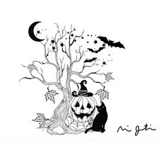 a black and white drawing of a halloween tree with pumpkins, bats and a witch hat