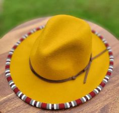 Check out Yellow beaded fedora hat with white and Red beads and free shipping worldwide, the latest item I added on eBay! #eBay #eBaySeller Beaded Hat Brim, Native American Ribbon Work, Ladies Fedora Hat, Fedora Hat For Women, Womens Fedora Hat, Fedora Women, Fedora Style, Hats Cowboy, Fedora Hat Men