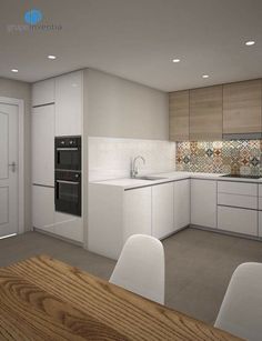 an empty kitchen with white cabinets and wooden table in front of the stove top oven