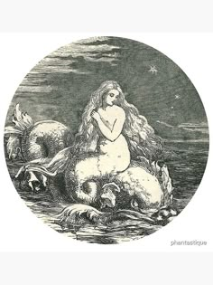 a drawing of a mermaid sitting on the back of two sheep in an ocean scene