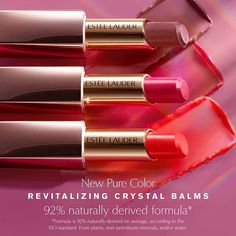 Pure Color. Pure Care. Pure Energy. Elevate your energy. Color while you care. 6 mood-boosting shades deliver a hint of glowing color, flattering all skintones and complementing your natural beauty. Includes 92% naturally derived ingredients.* Inspired by powerful crystal energy. Revitalizes with all-day lip plumping hydration. Find your crystal power. *Using the ISO Standard, from plants, non-petroleum minerals, or water. Mood-boosting shades. All-day lip plumping hydration. | Estée Lauder Pure Lip Plumping, Crystal Power, Pure Energy, Crystal Energy, Power Crystals, Estée Lauder, Aesthetic Beauty, Energy Crystals, Estee Lauder