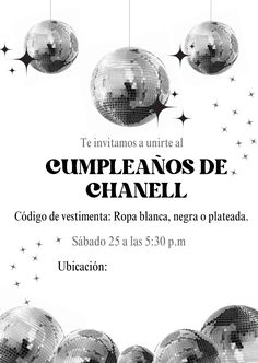 a flyer for a party with disco balls and stars