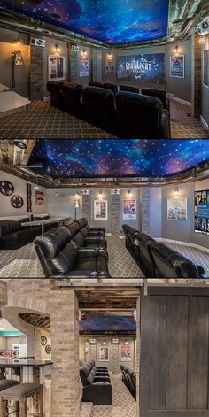 the inside of a home theater with multiple pictures