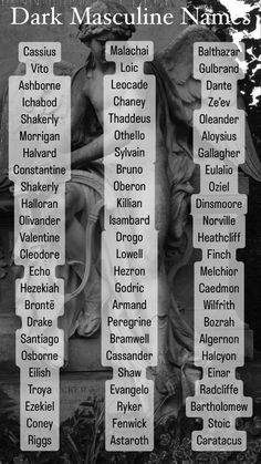 CHARACTER NAMESNOT inteneded for HUMANS (though I hope that would be obviousThis is a list of names I PERSONALLY would consider for a dark/villianous characterNotesome of these names were added for their meaninglike Ze'evLowell which both mean 'wolf'. Scary Names For Characters, Male Victorian Names, Dark Male Character Names, Emo Names For Boys, Masculine Male Names, Male Witch Names, Old Last Names For Characters, Bad Boy Names For Characters