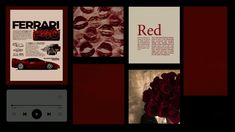 there is a collage with red and black images on it that include roses, an advertisement for ferrari