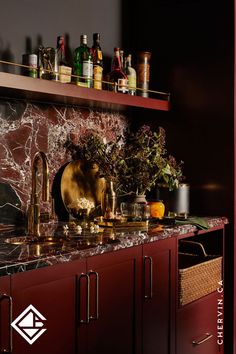 A bold red home bar with brass accents. Elegant Home Bar, Dream Bars, Home Bar Design, Bar Inspiration, Red Bar, Elegant Home