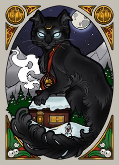 a black cat sitting on top of a house in front of a moon filled sky