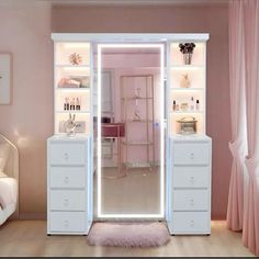 a bedroom with pink walls and white furniture in the room is lit up by led lights