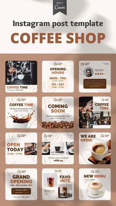 the instagram post template for coffee shop is shown in brown and white, with different images