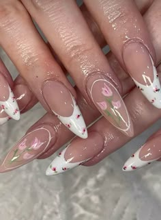 Dior Inspired Nails, High Tea Nails, Tulips Nails, 3d Flower Nails Almond Shape, Pink Rose Nail Designs, Almond French Tip Nails With 3d Flower, Almond 3d Flower Nails, Flower Almond Nails, Bridgerton Nails Ideas