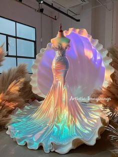 Mermaid Inspired Fantasy Dress, Jellyfish Wedding Dress, Board Walk Outfit, Dark Mermaid Outfit, Mermaid Dress Aesthetic, Iridescent Wedding Dress, Holographic Dress, Iridescent Dress, 파티 드레스