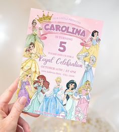 Disney Princess Birthday Invitation - Canva Template - Invitations - Mama Life Printables Disney Princess Birthday Party Invites, Princess Theme Invitation, Princess 5th Birthday Party, Disney Princess Birthday Invitations, Disney Princess Party Ideas, Princess Birthday Invite, Disney Princess Invitations, Royal Celebration, Princess Party Invitations