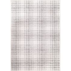 a gray and white plaid rug on a white background