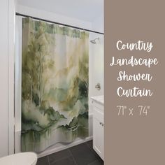 a bathroom with a shower curtain that has watercolor trees on it and the words country landscape shower curtain 7x7 '