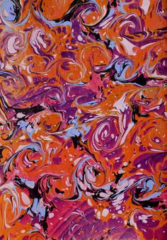 an abstract painting with different colors and patterns on it's surface, including oranges, purples, and blue