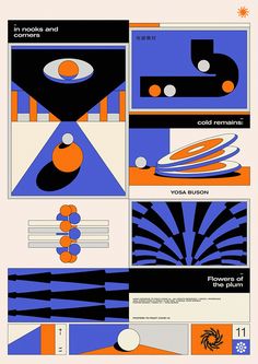 a poster with an abstract design in blue, orange and black on the bottom half of it