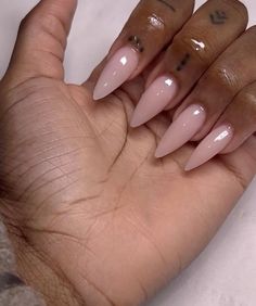 Sheer Pink Nail Design, Round Stilleto Nails Short, Halter Top Bodysuit Outfit, Sharp Oval Nails, Pink Pointy Acrylic Nails, Natural Almond Nails Black Women, Almondetto Acrylic Nails, Almond Medium Nails Designs, Short Almond Acrylic Nails Birthday