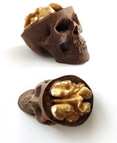 the skull is made out of chocolate and has walnuts in its shell to eat