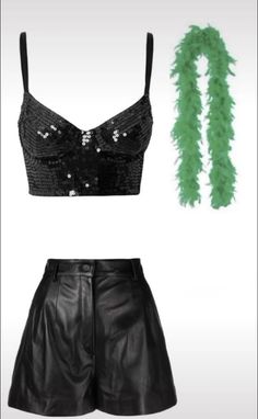 two pieces of clothing including a bra top, leather shorts and a green feather boa