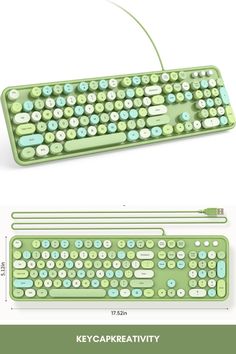 an image of a green keyboard with keycaps on the bottom and bottom side