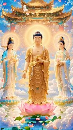 three buddhas standing in front of a large statue