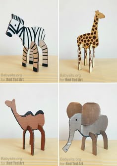 four different types of wooden animals are shown in this set, including zebras and giraffes